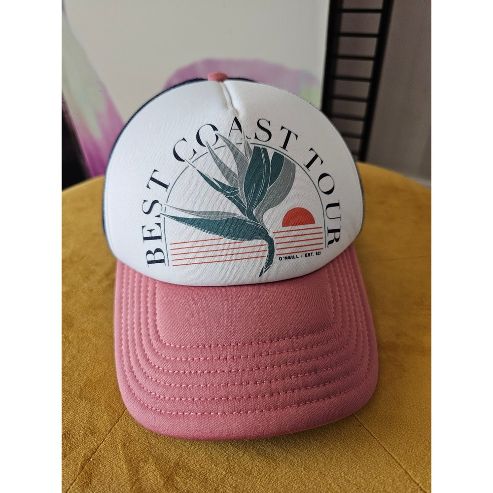 ONeill Best Coast Tour Trucker Hat Pink White Bird of Paradise Snapback Cap